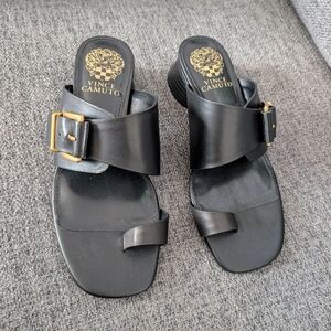 Vince Camuto Black Leather Slide Sandals with Gold Buckle Accent